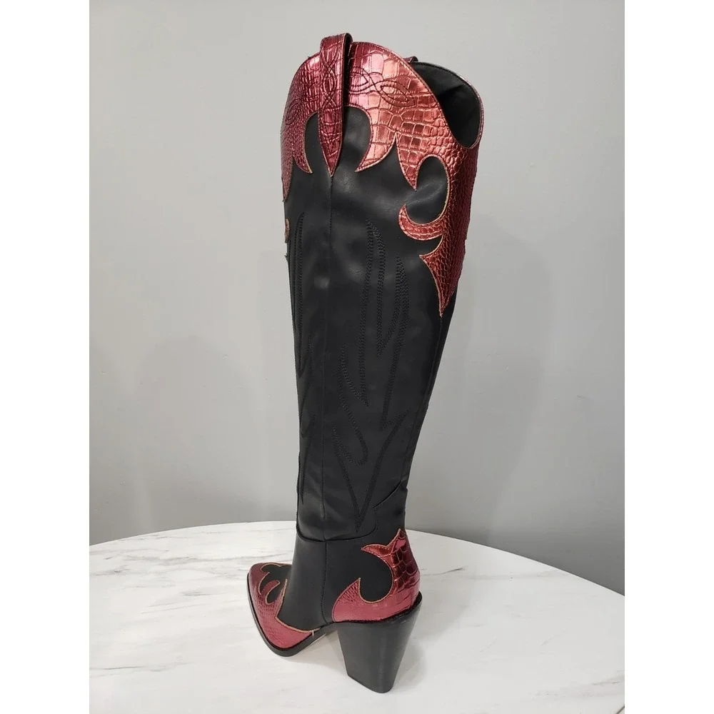 NEW SIZE 10 Jessica Simpson Womens Rhetta Flame Knee High Cowboy‎ Boots Black
